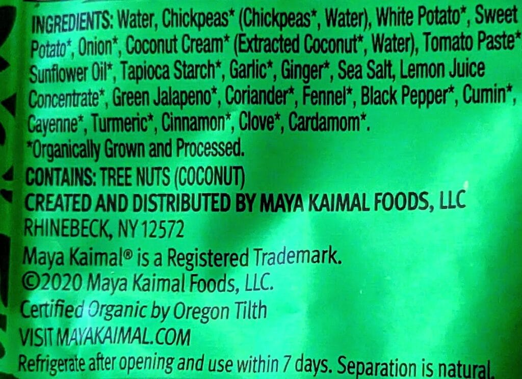 Ingredients in Maya Kaimal Organic Madras Potato Curry meal.