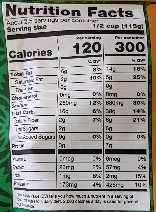 Nutrition Facts in Maya Kaimal Organic Madras Potato Curry meal.