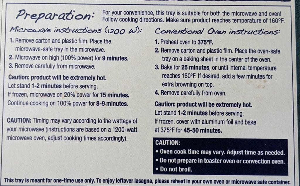 Cooking instructions from a box of Rana 4 Cheese Chicken Carbonara Lasagna.