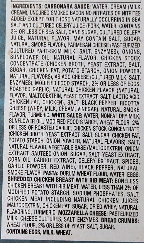 Ingredients in Rana 4 Cheese Chicken Carbonara Lasagna.
