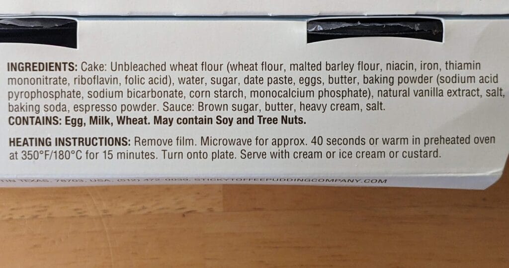 Ingredients in The Sticky Toffee Pudding Co. British single-serve desserts from Costco.