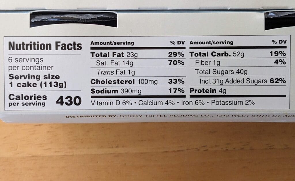 Nutrition Facts in The Sticky Toffee Pudding Co. British single serve cakes from Costco.
