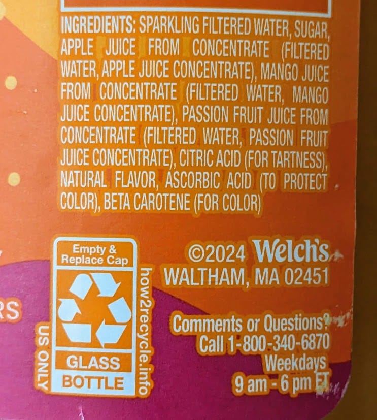 Ingredients in Welch's Passion Fruit Mango sparkling juice.