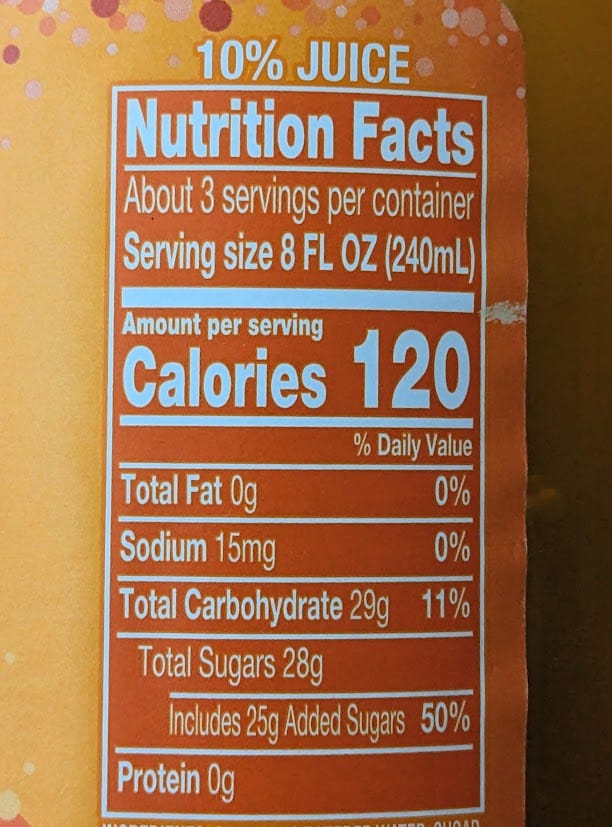 Nutrition Facts in Welch's Sparkling Passion Fruit Mango beverage.