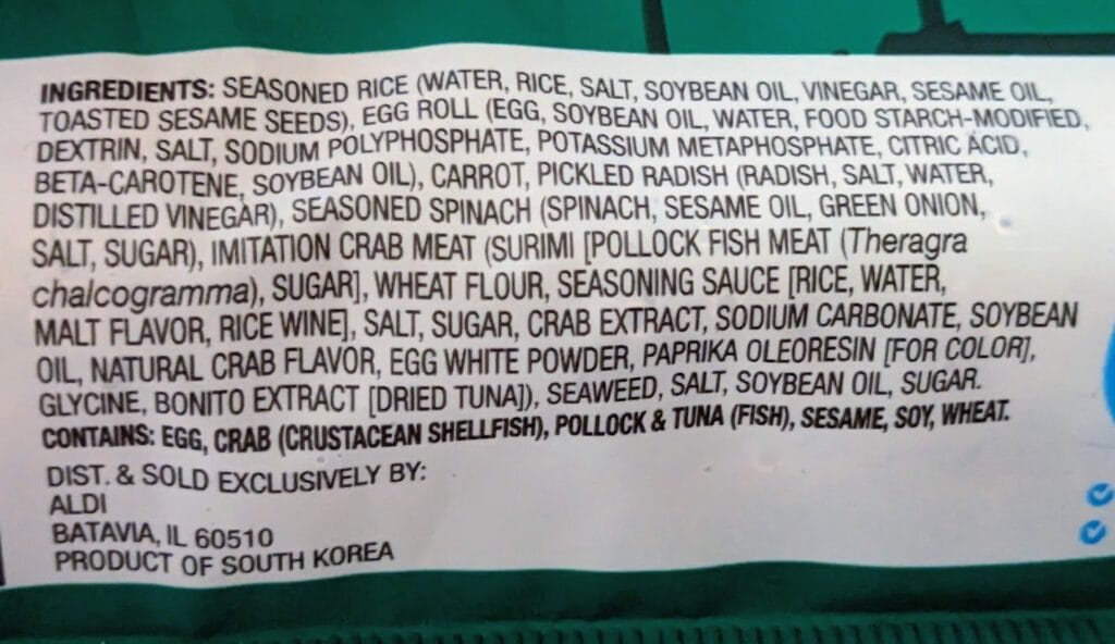 Ingredients in Aldi Traditional flavor frozen Kimbap from Korea.