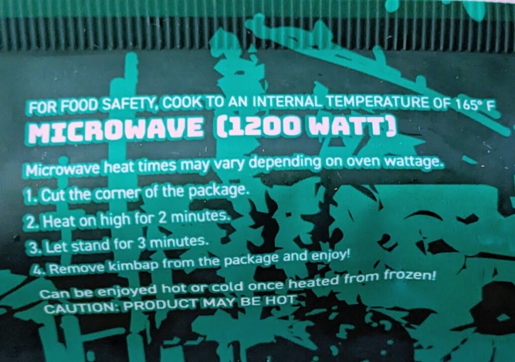 Microwave instructions for preparing Aldi frozen Kimbap.