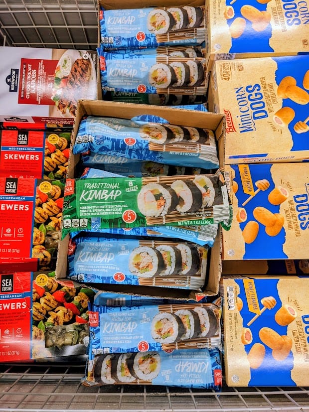 A display of frozen Kimbap inside an Aldi grocery store.