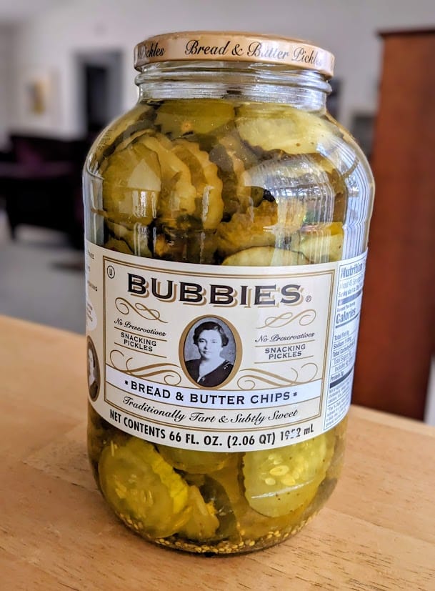 A large jar of Bubbies Bread & Butter Chips Pickles from Costco.