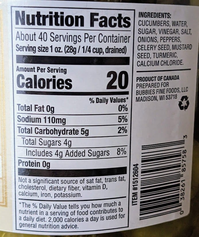 Nutrition Facts & Ingredients from a jar of Bubbies Bread & Butter Pickle Chips from Costco.