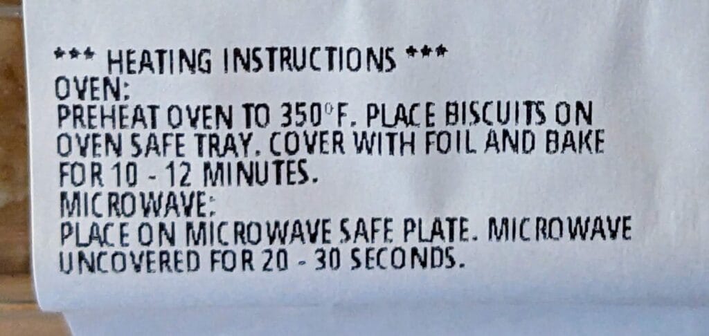 Heating Instructions from a package of Costco Bakery Buttermilk Biscuits.