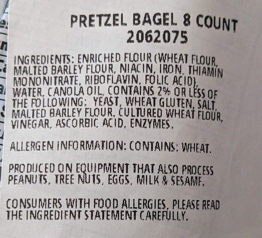 Ingredients in Costco Bakery Pretzel Bagels.