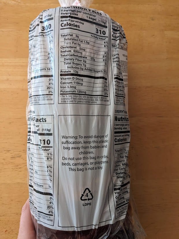 Nutrition Facts labels on a bag of Costco Pretzel Bagels from the Bakery.