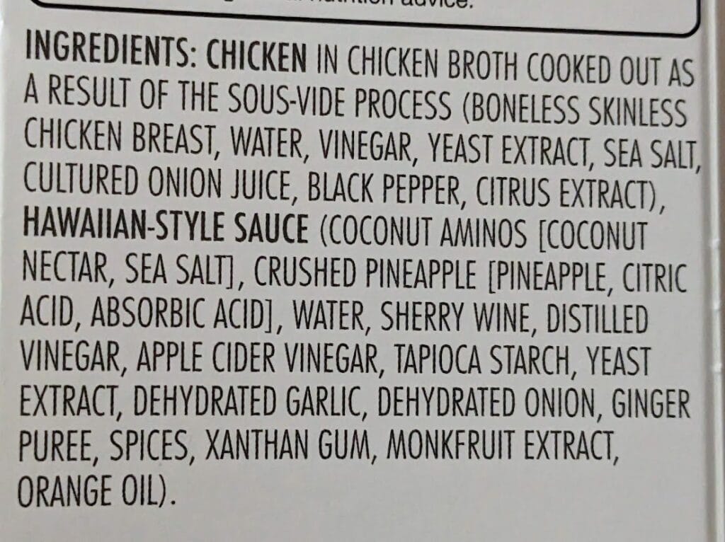 Ingredients in Kevin's Hawaiian-Style Chicken from Costco.