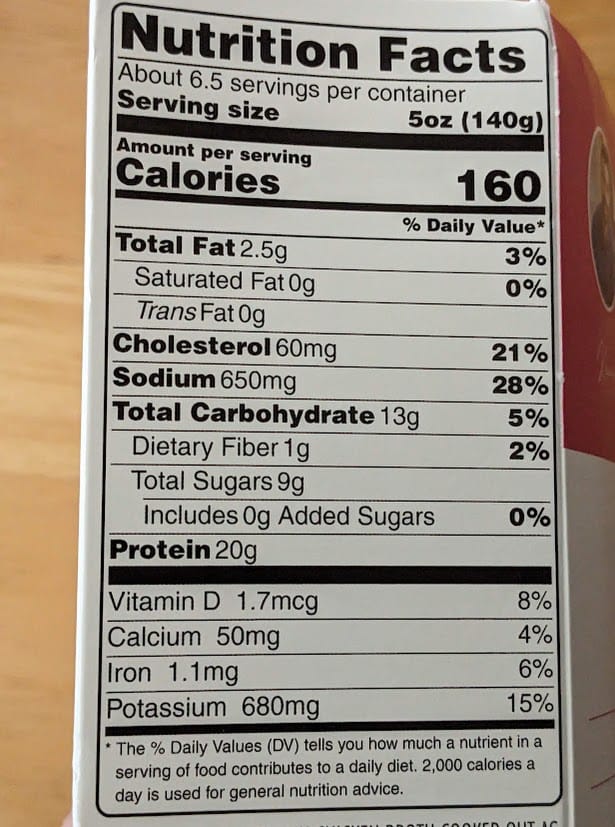 Nutrition Facts in a package of Hawaiian Style Chicken from Kevin's Natural Foods.