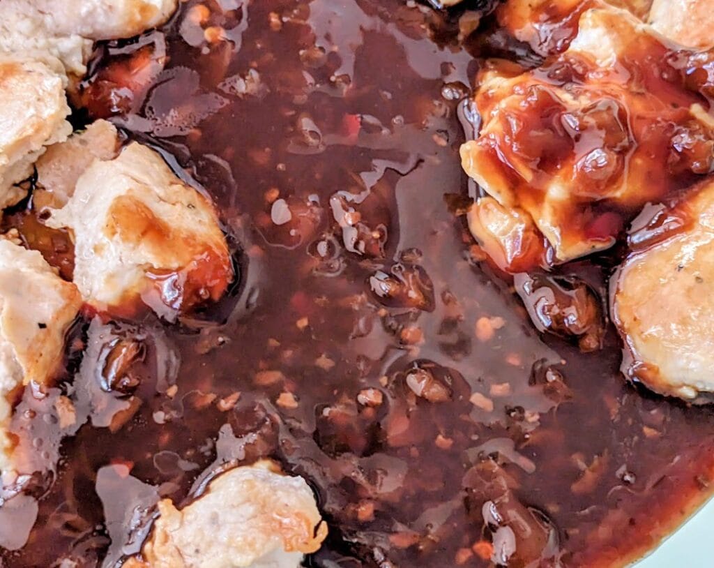 Detail of sauce texture from Kevins Hawaiian-Style Chicken.