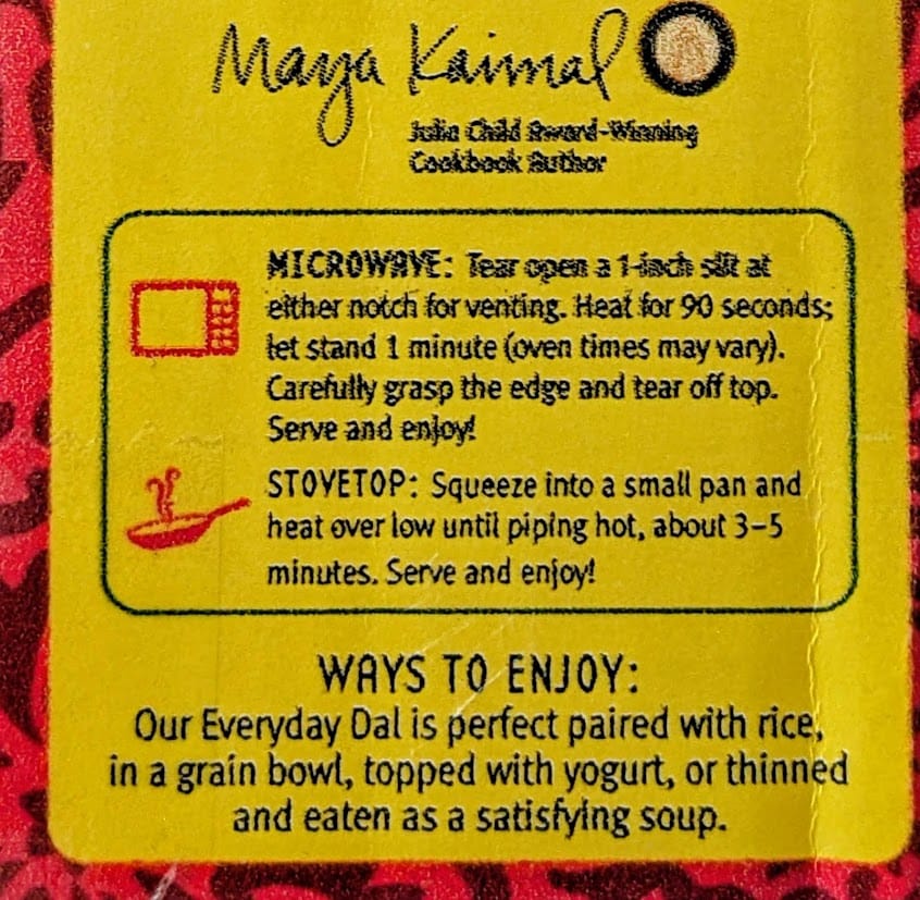 Cooking Instructions from a box of Maya Kaimal Everyday Dal.