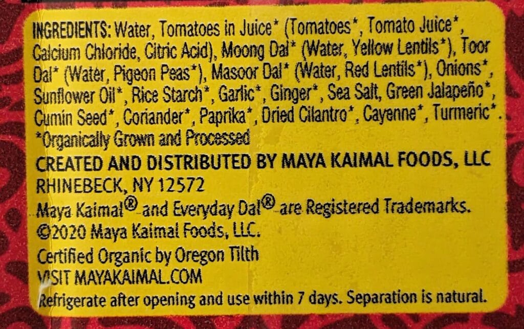 Ingredients in Organic Everyday Dal from Maya Kaimal.