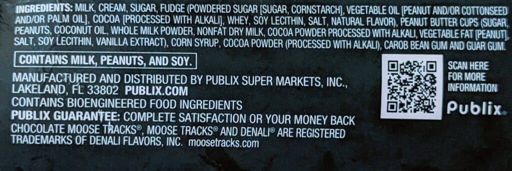 Ingredients in Publix Moose Tracks Ice Cream.