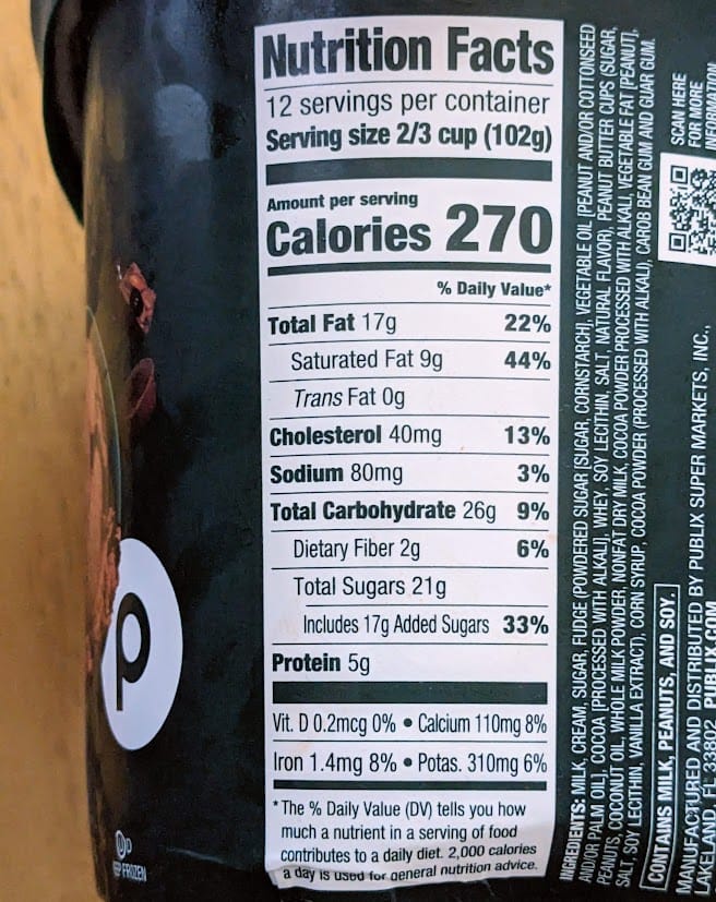 Nutrition Facts in Publix Moose Tracks Ice Cream.
