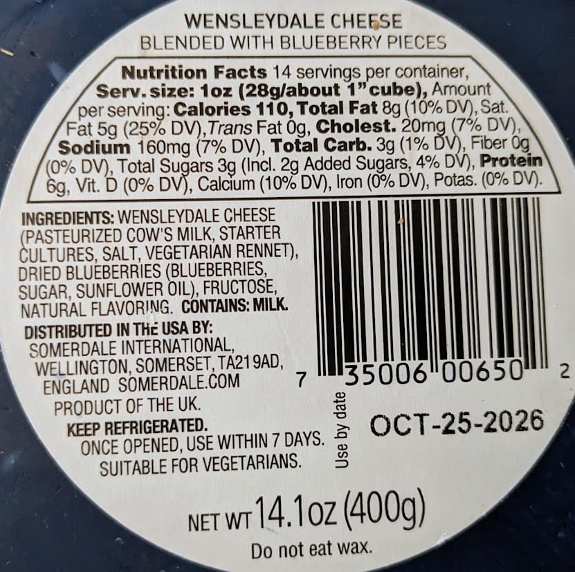 Nutrition Facts and Ingredients from a package of Somerdale Wensleydale & Blueberries Cheese from Costco.