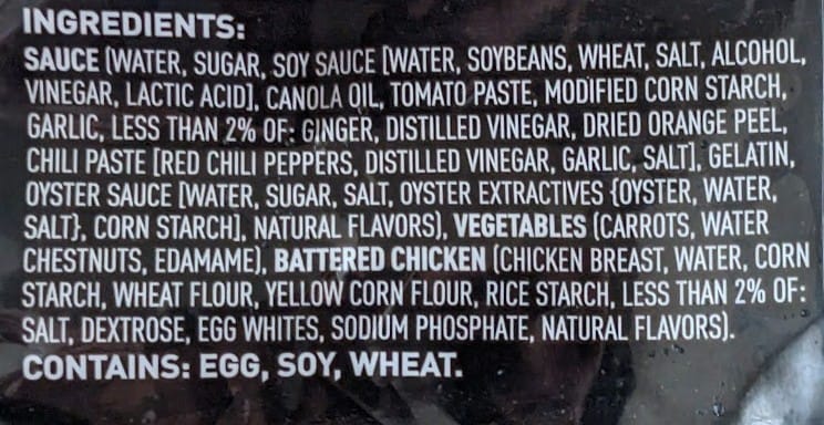 Ingredients in PF Chang's frozen Orange Chicken home menu meal.