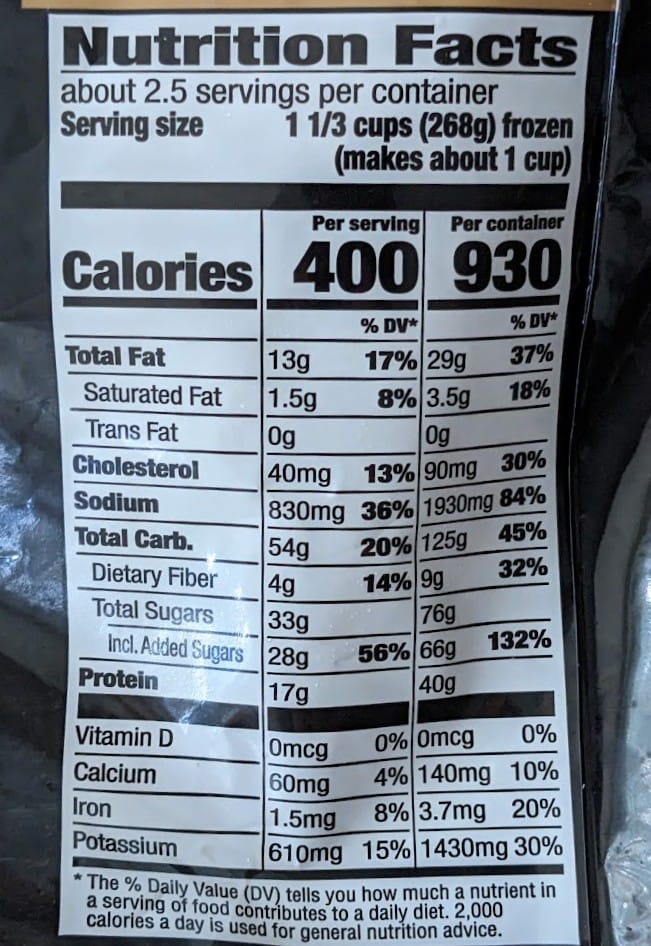 Nutrition Facts in PF Chang's Orange Chicken frozen meal.