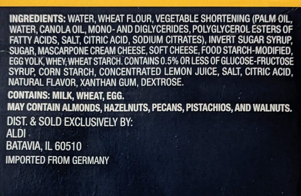 Ingredients in Aldi's Lemon Mascarpone Strudel.