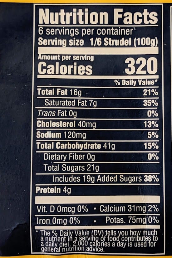Nutrition Facts in Aldi's Lemon Mascarpone Strudel.