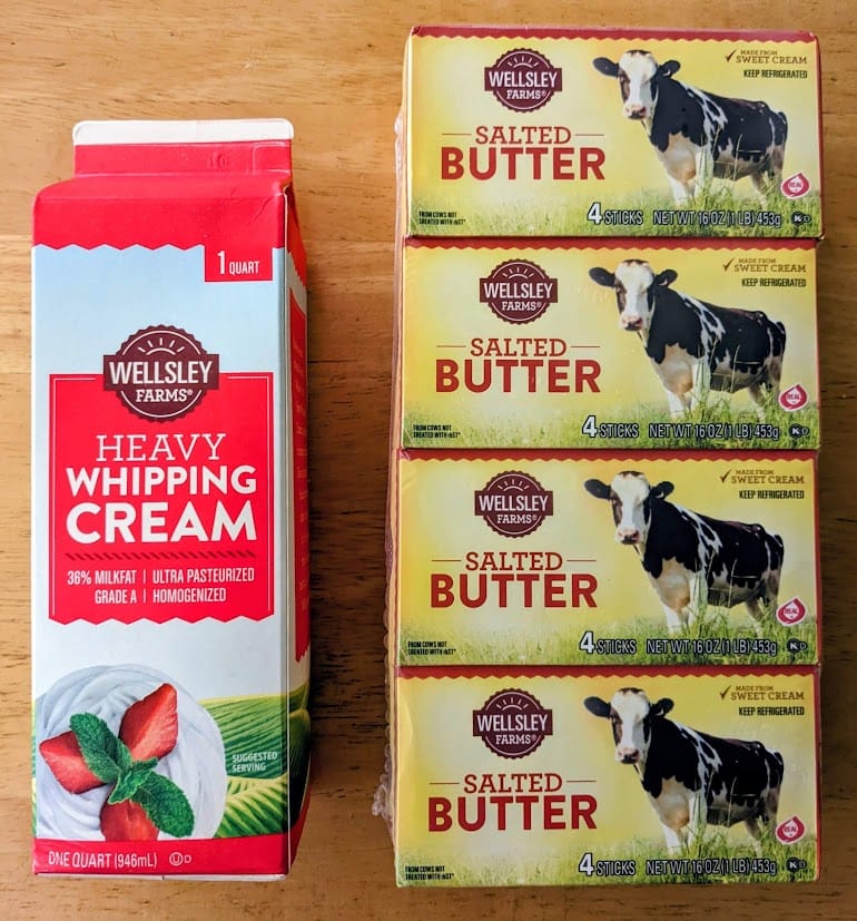 A quart of heavy whipping cream and four pounds of butter from BJ's Wholesale Club.