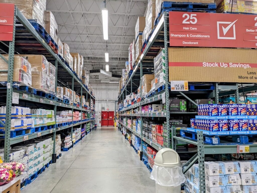A dry goods aisle inside a BJ's Wholesale Club.