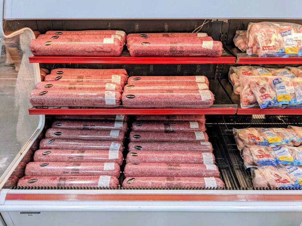 Ten pound logs of ground beef inside a BJ's Wholesale Club.