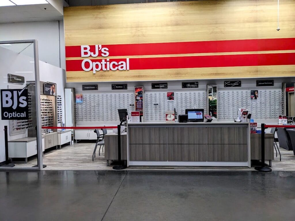 An empty BJ's Optical inside a wholesale warehouse.