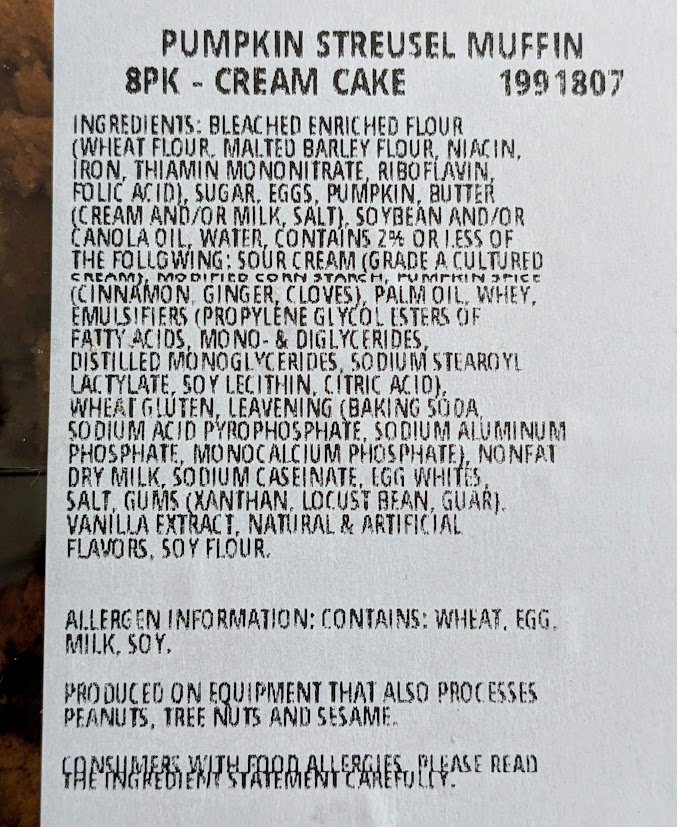 Ingredients in Costco Pumpkin Streusel Muffins.