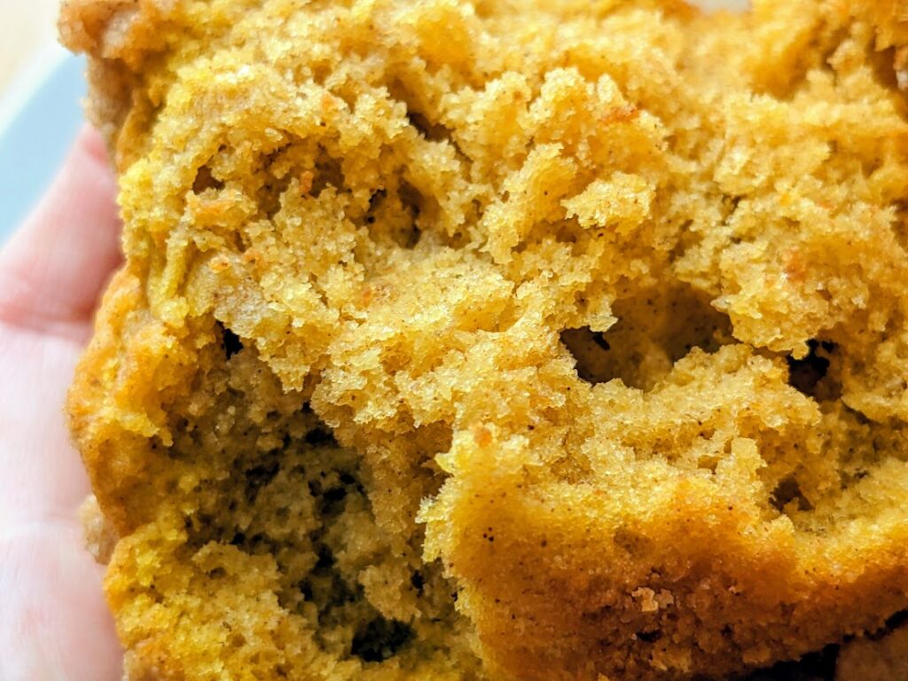 Detail of cake texture inside a Costco Pumpkin Streusel Muffin.
